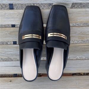 New Via Spiga Black Leather Heeled Loafers with Gold Accent